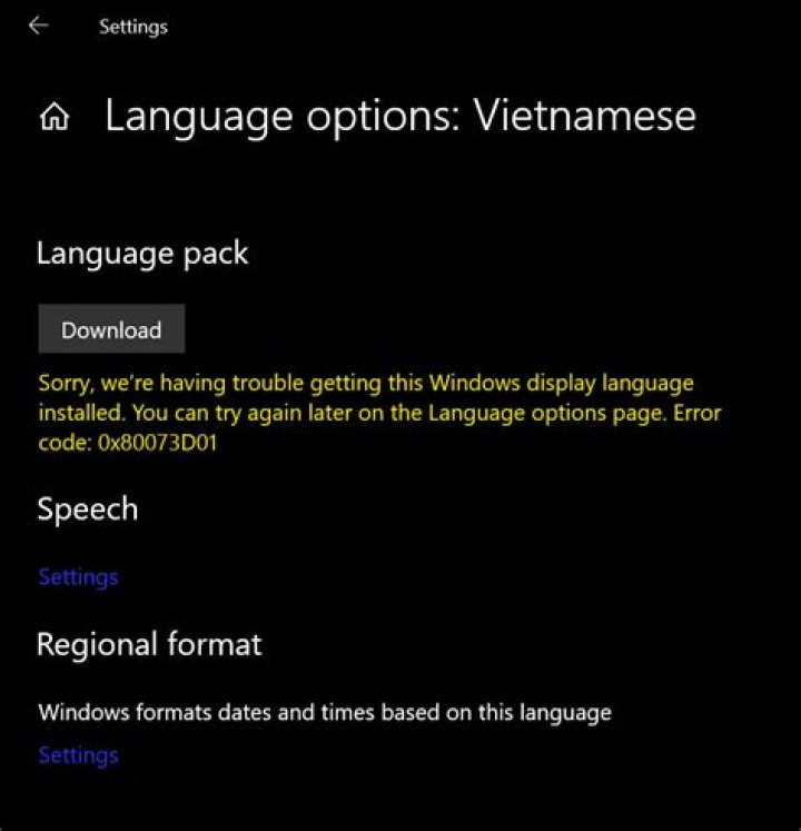 A language pack isn't available in Windows 10 Pro 64bit