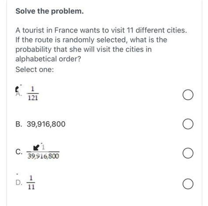 A tourist in France wants to visit 12 different cities, find the probability.
