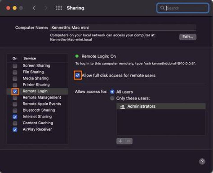 Allow incoming SCP connections on Mac