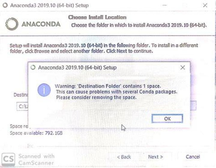 Anaconda3 not installing due to space in path