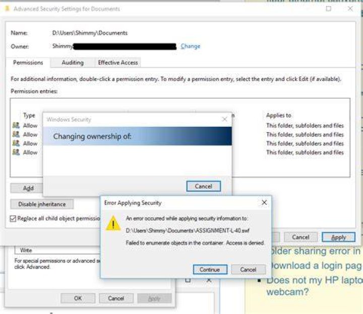 Cannot change permissions to folder