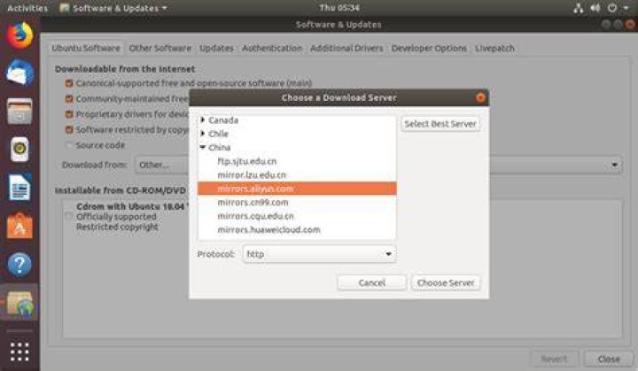 Choose a Download Server dialog in Software Sources, for picking an alternative mirror
