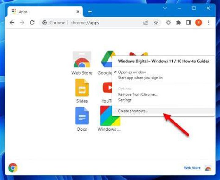 chrome - create shortcut dialog