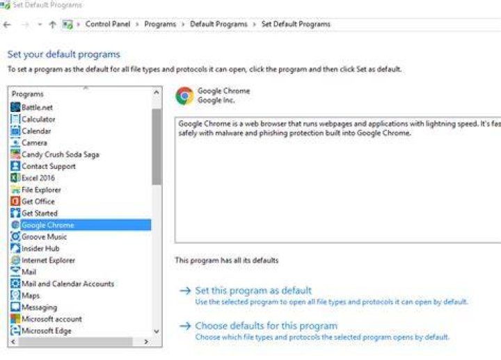 Chrome doesn't show in list of browsers when setting default in Windows 10