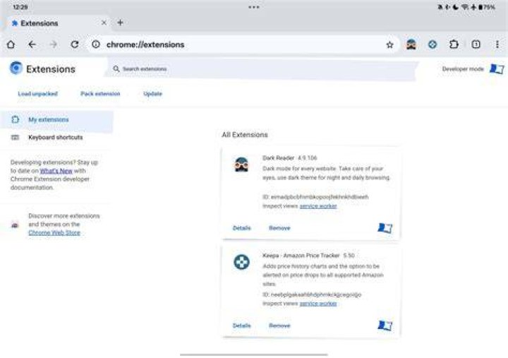 Chrome extensions page