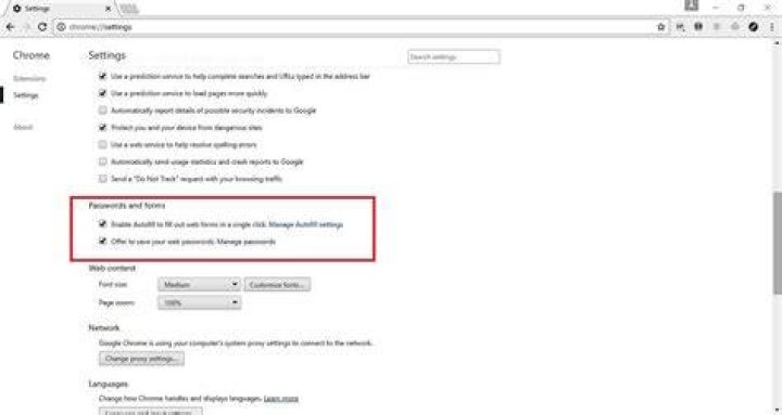 Chrome Passwords and Forms settings