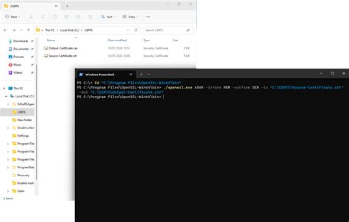 Converting a certificate from a .cer to .pem using powershell or .bat