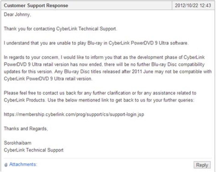 CyberLink customer service reply