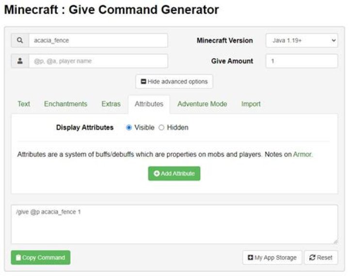 Did using the /give command to get items with attributes change in 1.17.1?