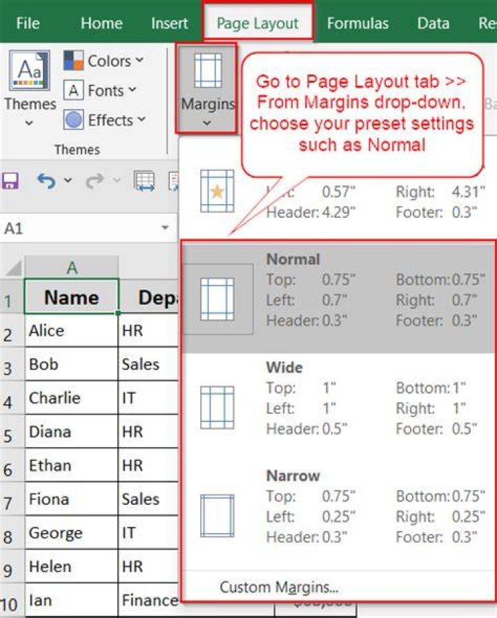 Excel margins