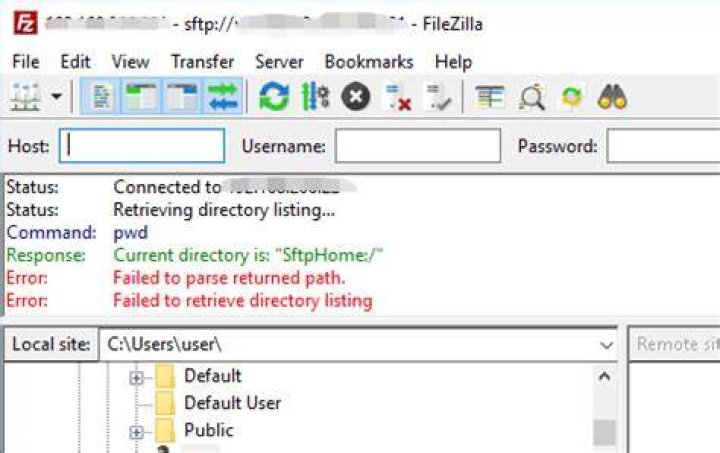 Filezilla FTP Server Fails to Retrieve Directory Listing