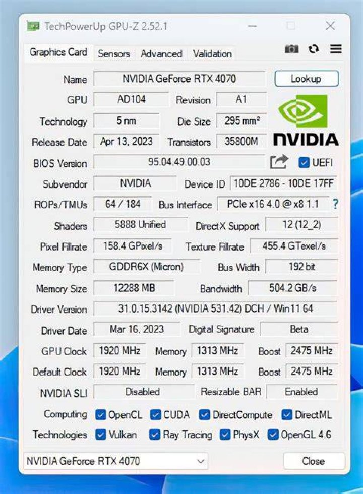 GPU-Z showing NVIDIA graphics
