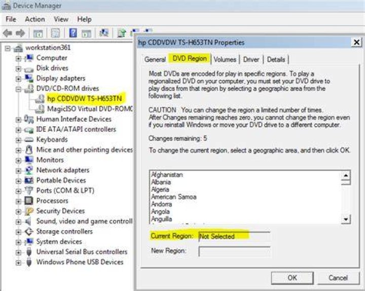 How can I find out what region code a DVD is in on my Windows PC?