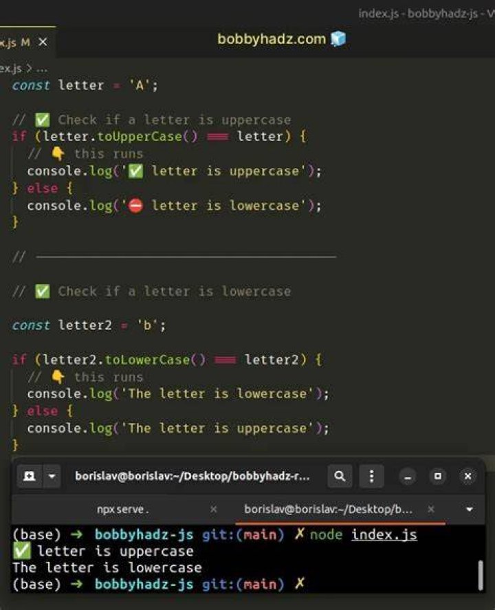 How can I test if a letter in a string is uppercase or lowercase using JavaScript?