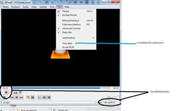 how can I view milliseconds with VLC? (and why is this method not working?)