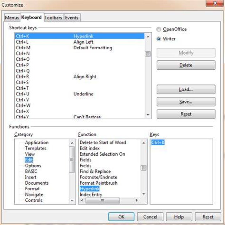 How do I get a keyboard shortcut (CTRL+K or otherwise) working for hyperlink in OpenOffice?