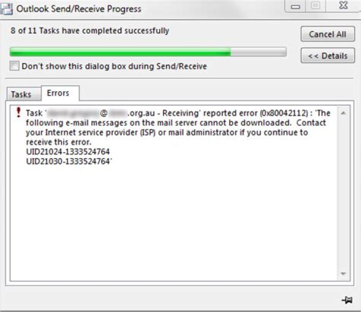 How do I resolve the Outlook error 0x80042112: The following e-mail messages on the mail server cannot be downloaded...?