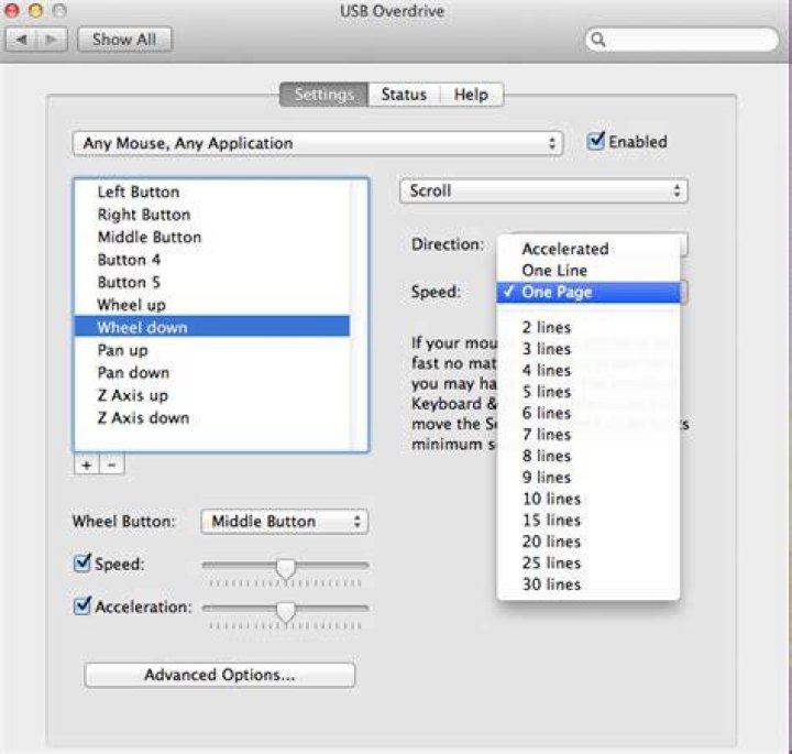 How do you disable mouse scroll wheel acceleration in Mac OS?