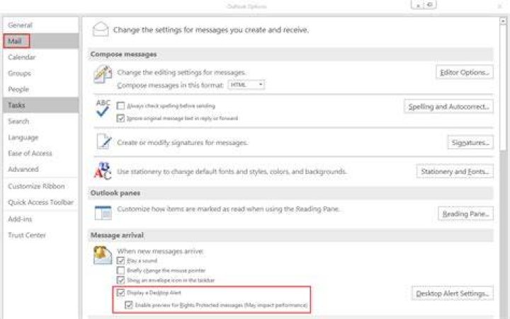 How do you get Outlook to show a preview of a new message near the taskbar?