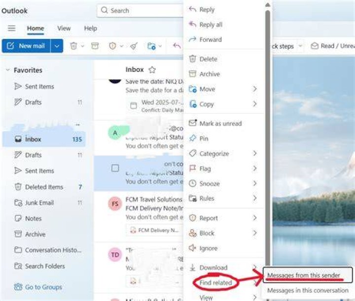 How to filter inbox based on current message's subject or sender in Outlook?