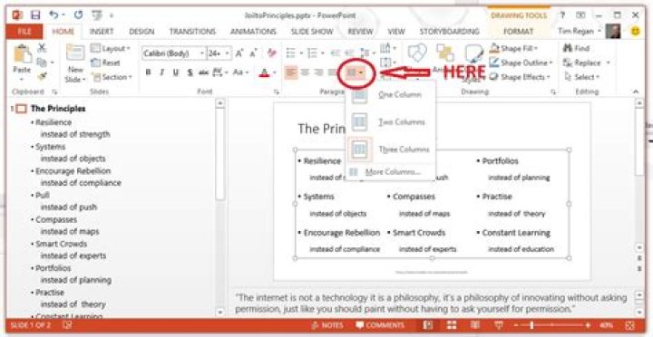 How to insert column break in PowerPoint 2010?