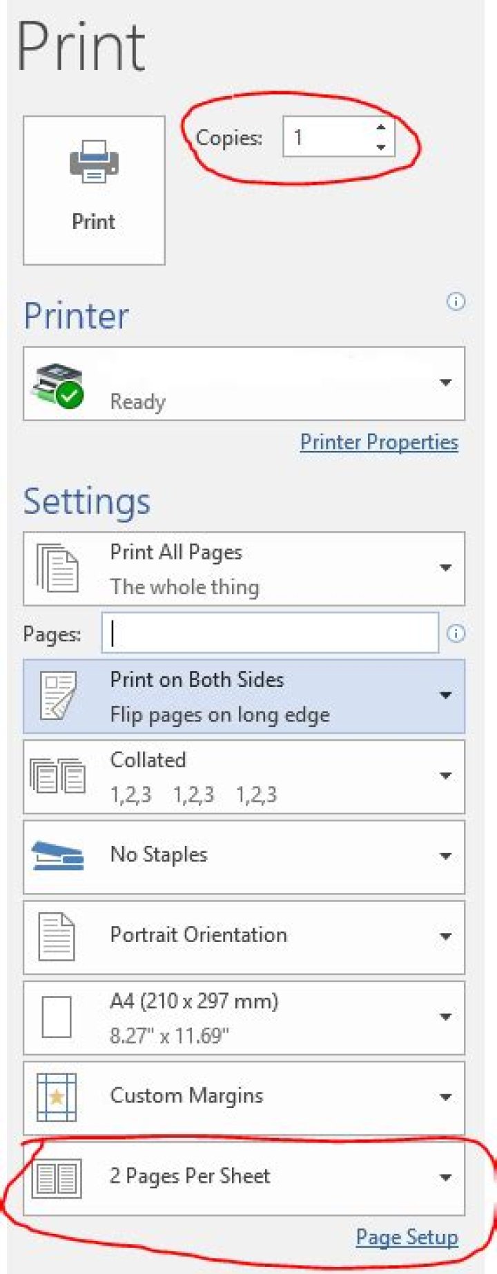 How to print multiple copies of one page, multiple pages per sheet in Windows 10?