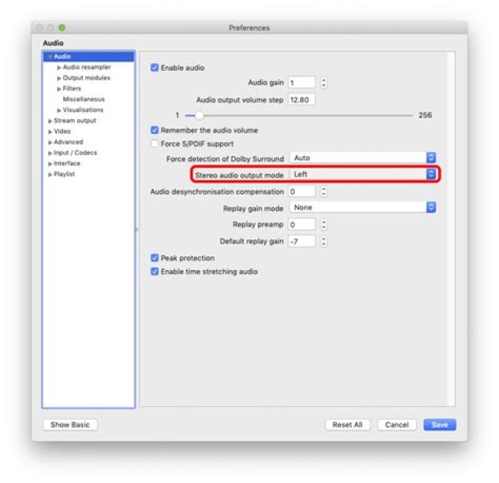 How to setup VLC's stereo audio mode to left as default