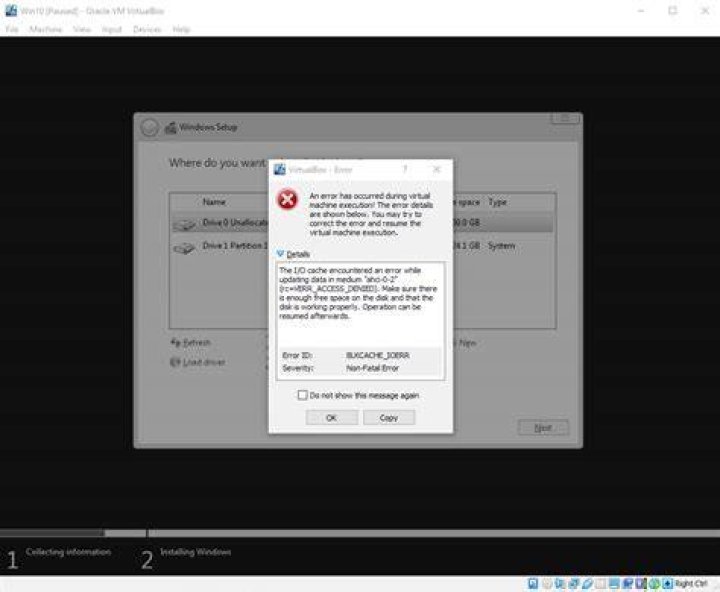 How to solve Oracle VM VirtualBox Windows 10 Installation Error ahci-0-1” (rc=verr_access_denied)?