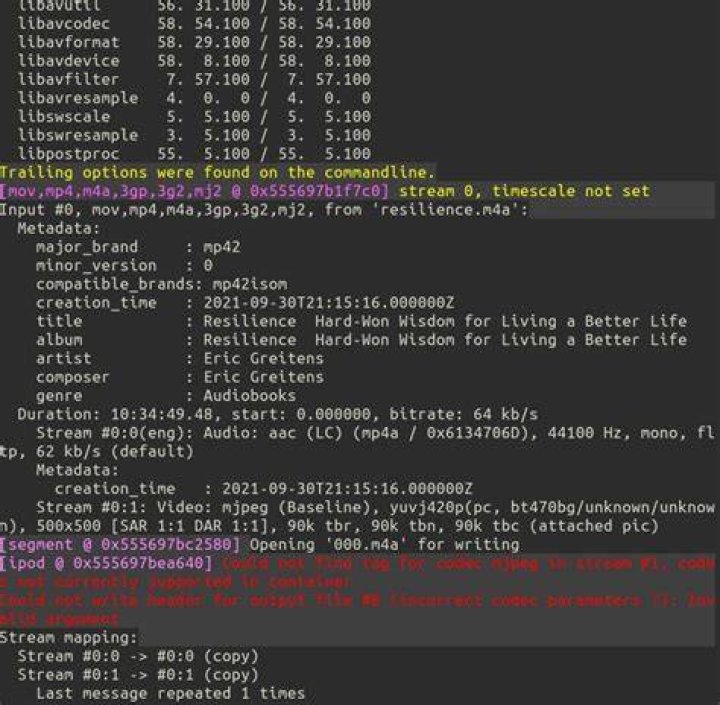 How to split m4b file into many tracks on linux