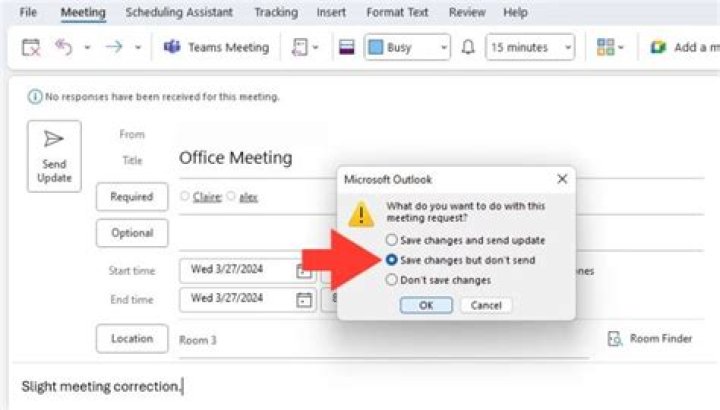 How to update an (already accepted) meeting in outlook without requiring responses