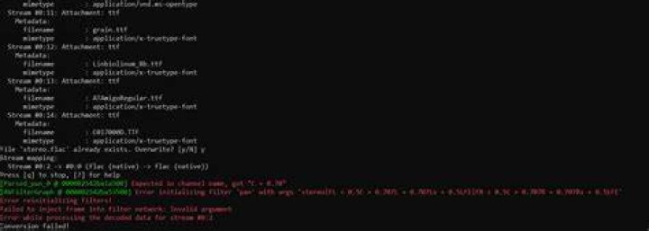I am trying to downmix 5.1 flac to stereo using ffmpeg, but getting following error
