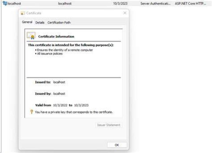 Localhost certificate with a valid date from 11/2/2012 to 11/1/2017