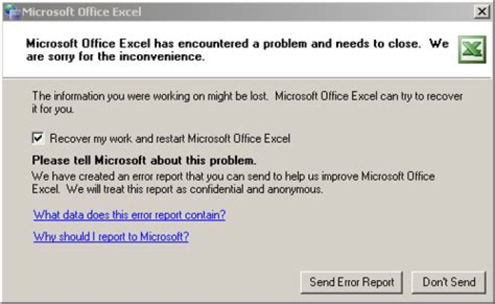 Microsoft Excel has encountered a problem and needs to close.