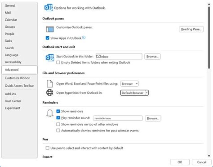 Options Menu, Outlook Web Application