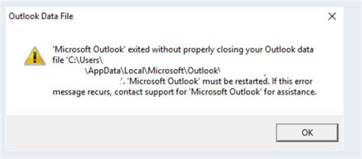 Outlook fails to open with error: 'Microsoft Outlook' exited without properly closing your Outlook data file