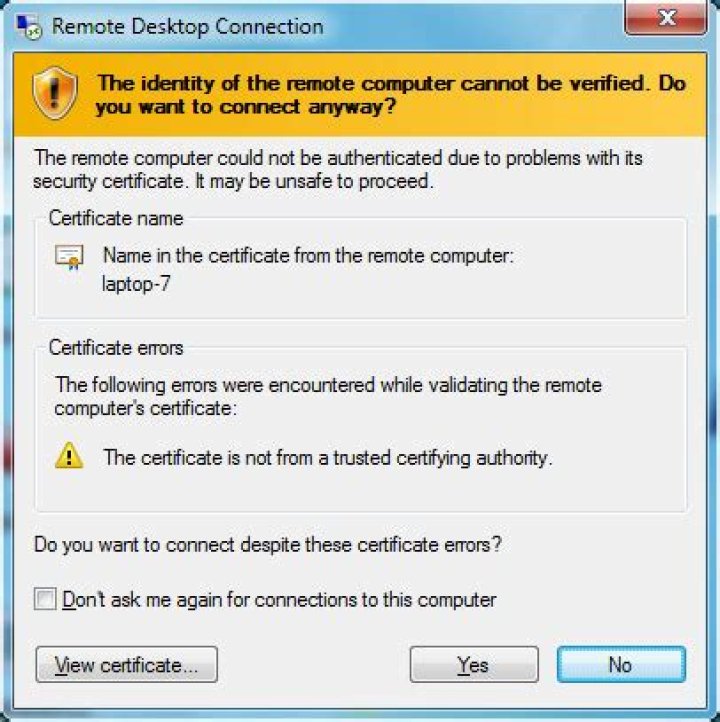 Remote Desktop Connection Certificate prompt