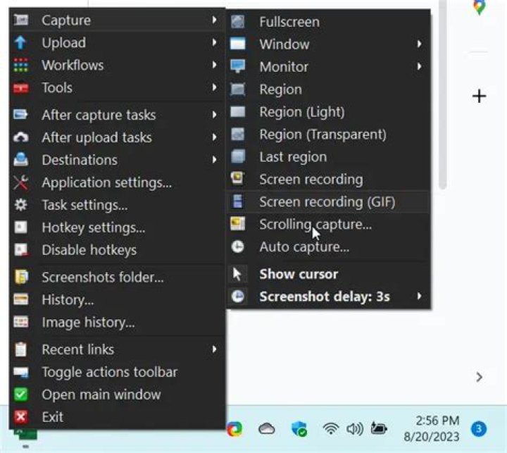 Screenshot menu