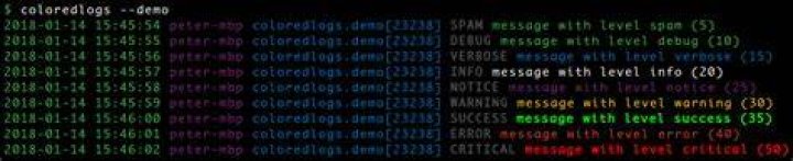 Screenshot of coloredlogs output