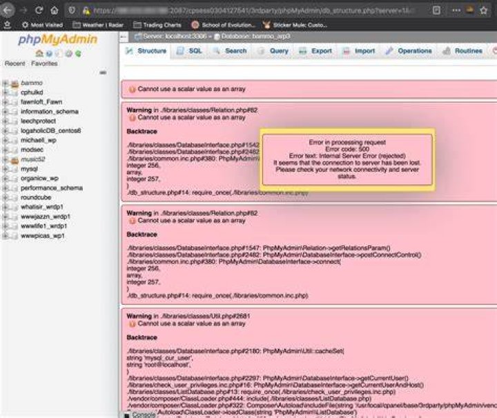 Screenshot: phpmyadmin error 500