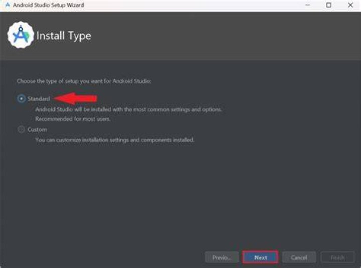 Select Android studio install type