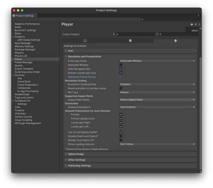 settings on unity