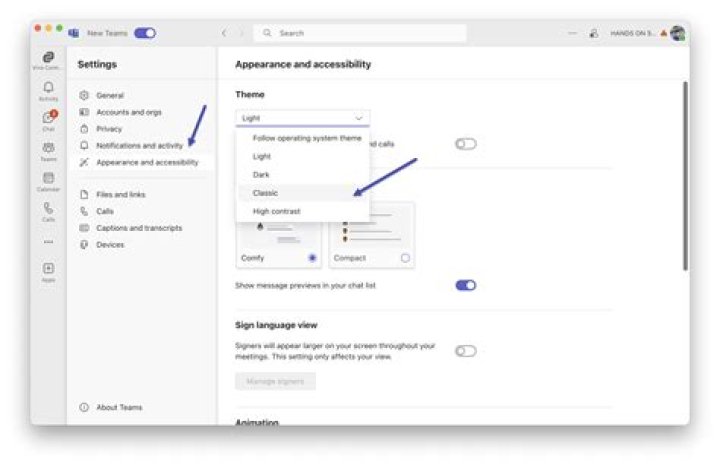 Settings page in Teams