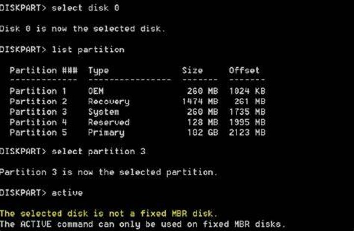 The ACTIVE command can only be used on fixed MBR disks