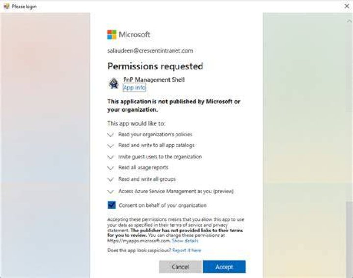 The user or administrator has not consented to use the application - Send an interactive authorization request for this user and resource