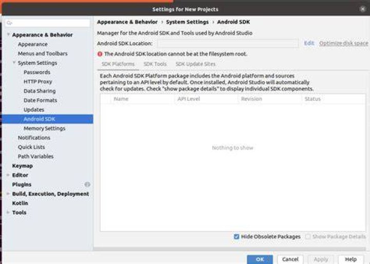 ubuntu android sdk location can not be at the filesystem root