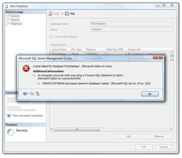 unable to create database due access denied