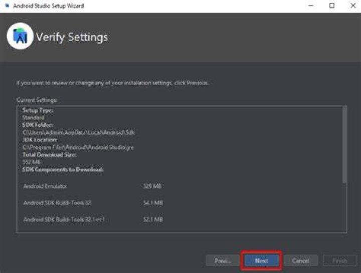 Verify Android studio installation settings