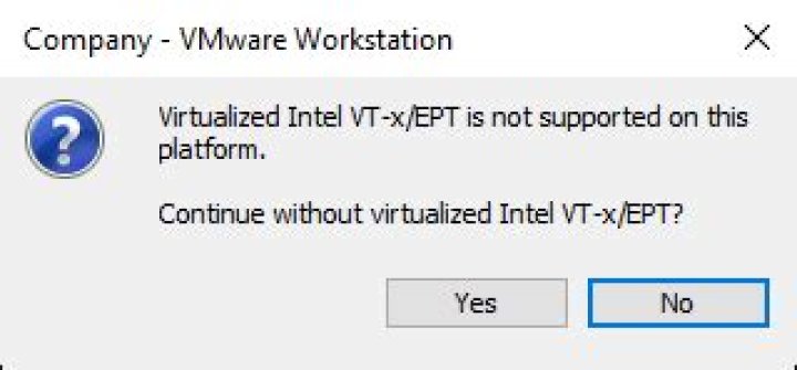 Virtualized Intel VT-x/EPT is not supported on this platform. Continue without virtualized Intel VT-x/EPT?