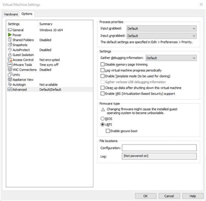 vmware virtual machine boot options settings