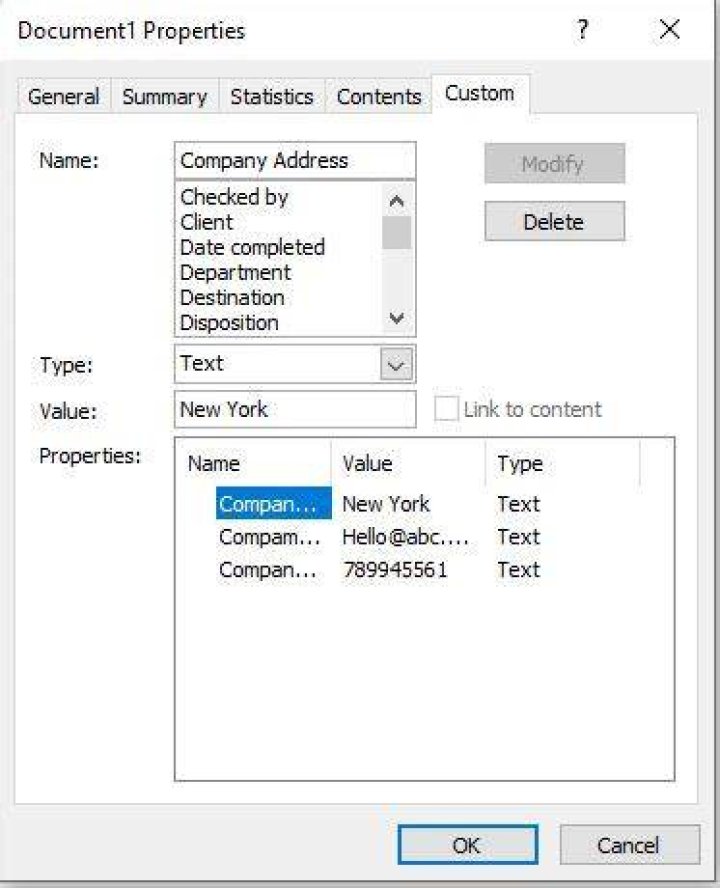 Where company-related document properties are stored in Word 2010?